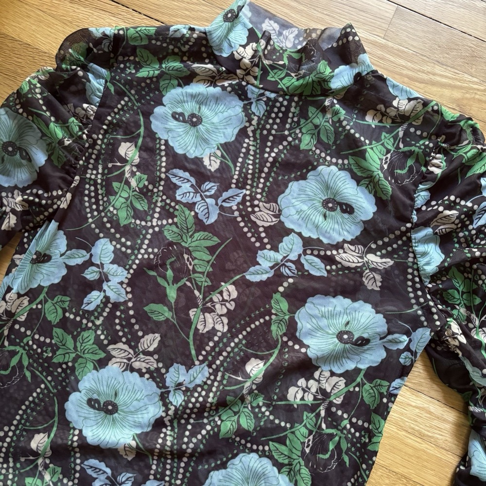 Maeve Anthropologie Ruched Floral Mesh Long Sleeve Top L Black Sheer Cottage